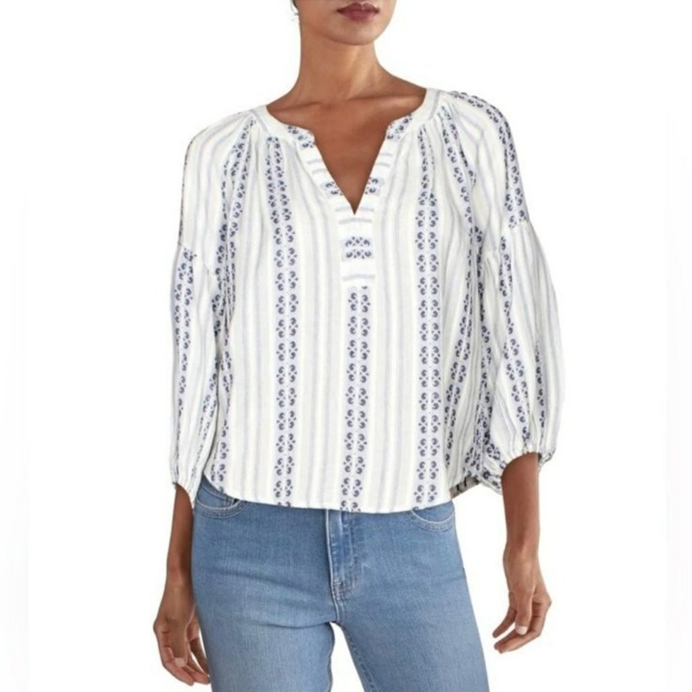 Velvet by Graham & Spencer Brandi Printed Peasant Blouse in Ocean Blue SZ M